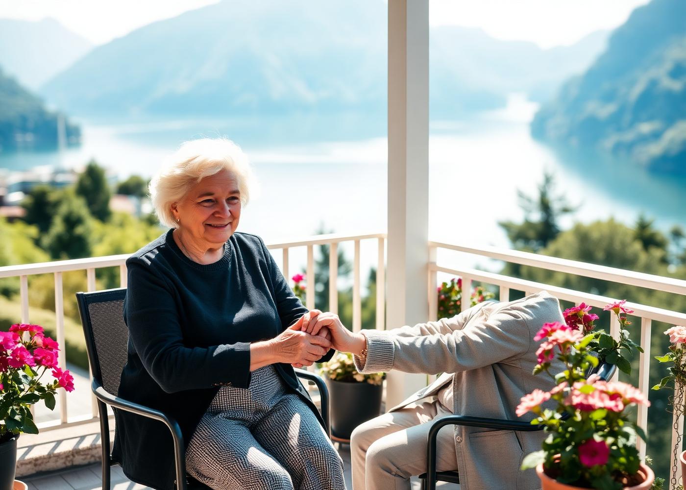 Anziana sorridente sulla terrazza vista lago con caregiver che le tiene le mani