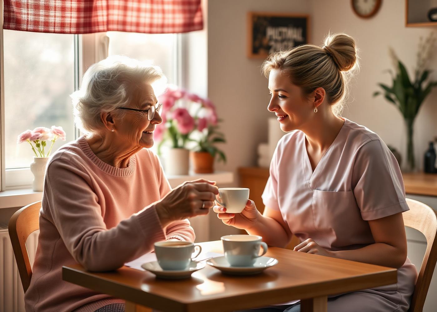 Anziana e caregiver che condividono una tazza di tè in una piccola cucina con fiori alpini alla finestra