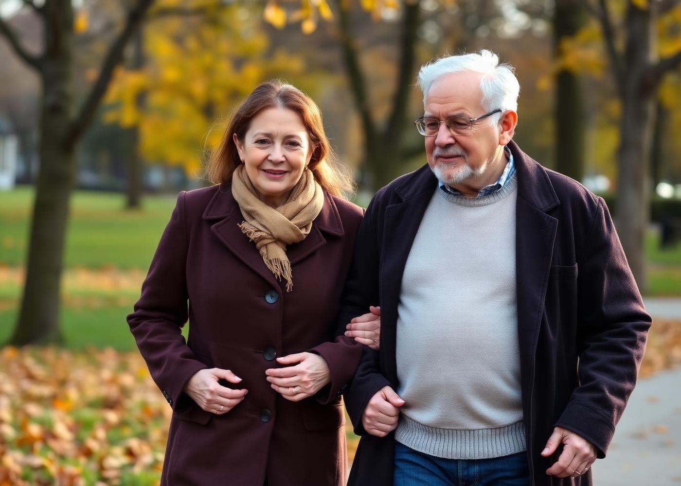 Caregiver che passeggia sottobraccio con un anziano signore in un parco autunnale
