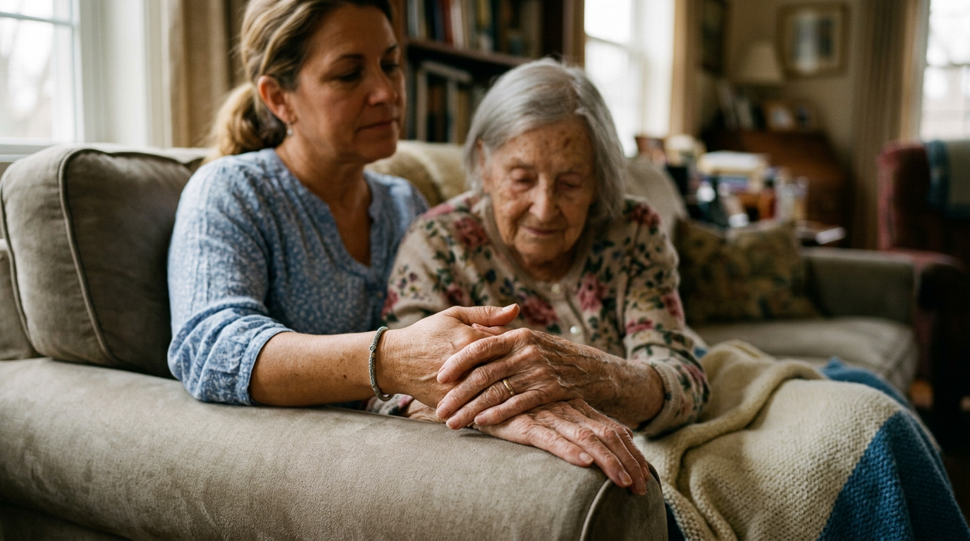 Caregiver formata che tiene la mano di un anziano con demenza in salotto
