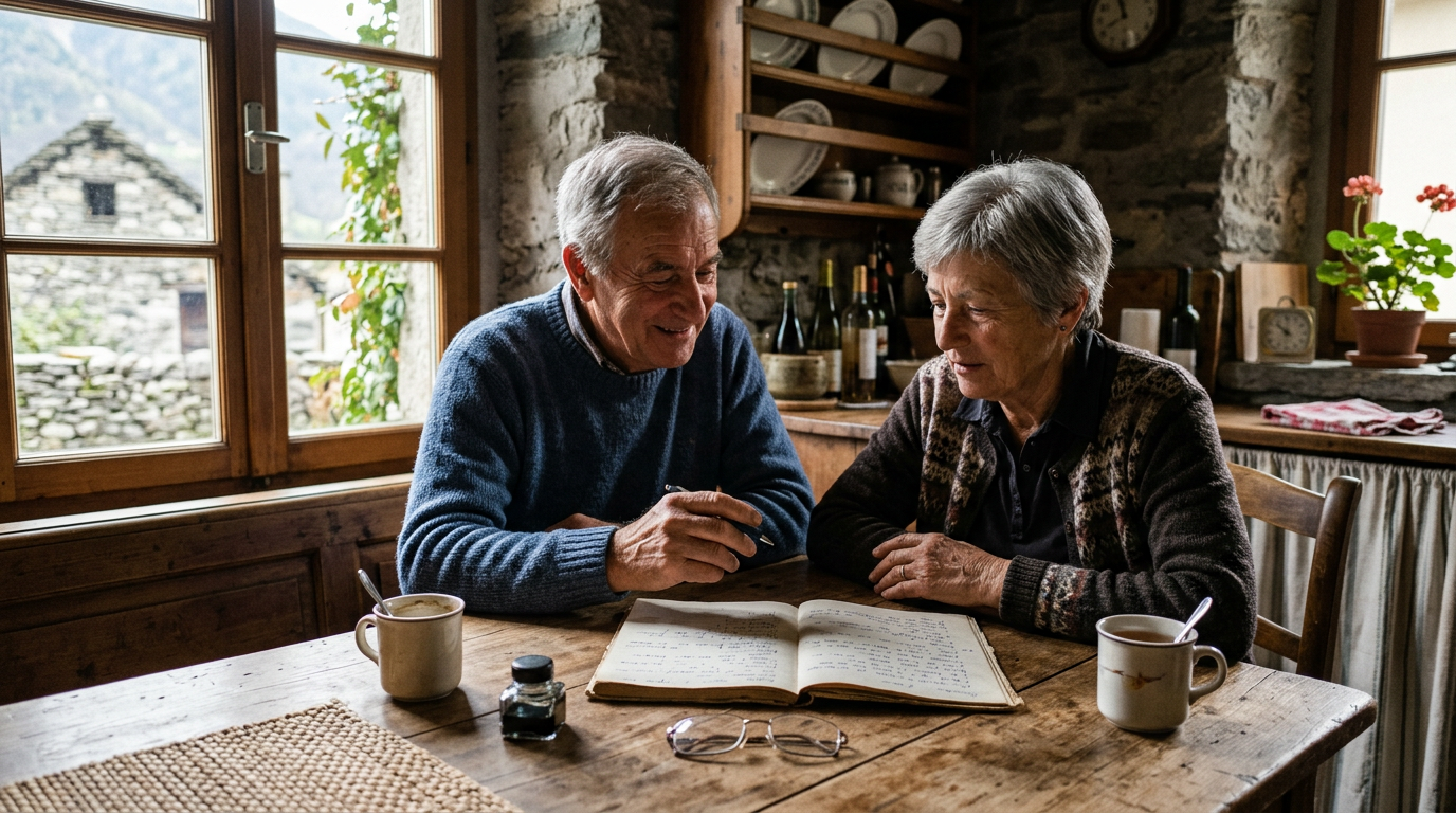 Anziana sorridente con caregiver professionista in una casa in Ticino
