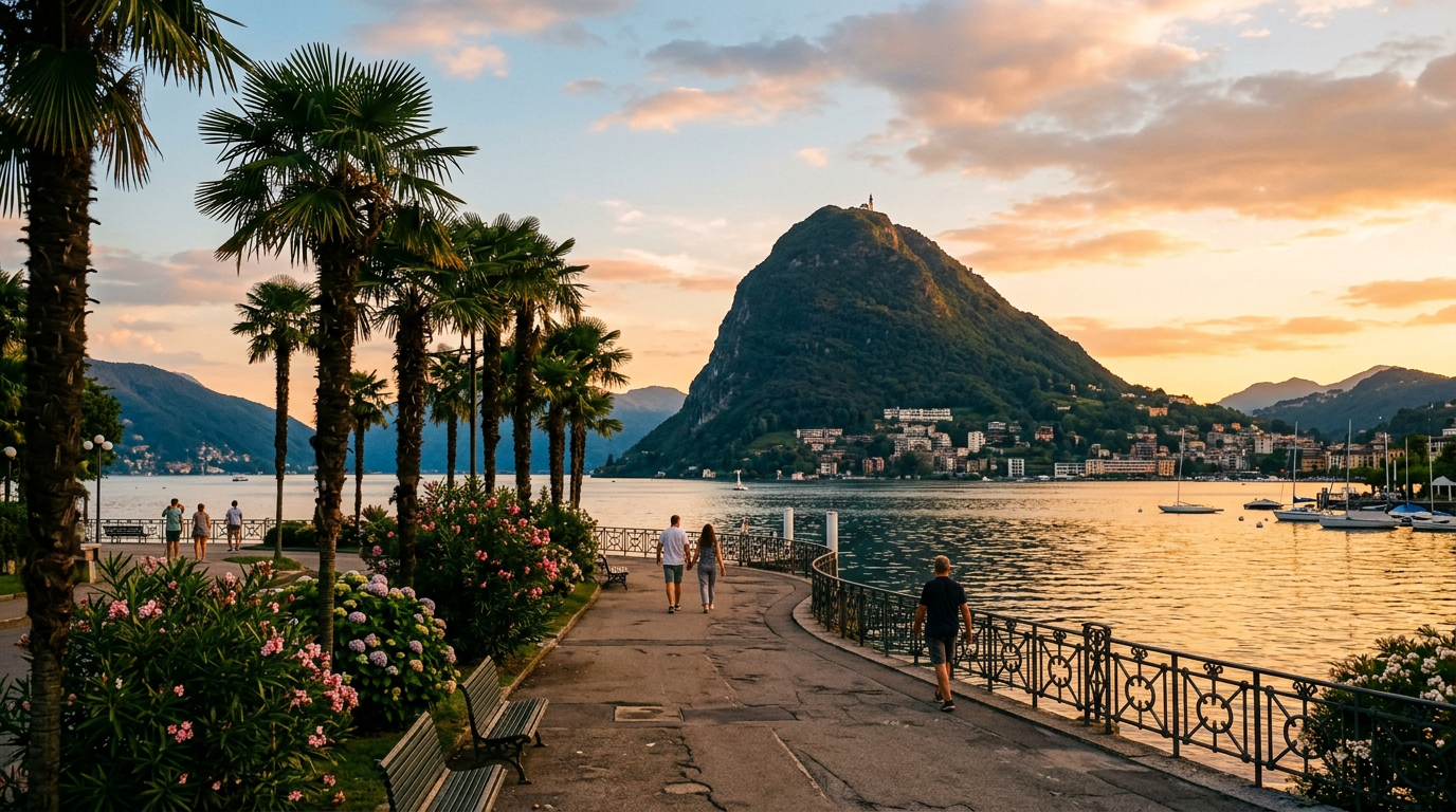Anziano signore cammina sul lungolago di Lugano tra palme in una giornata di sole