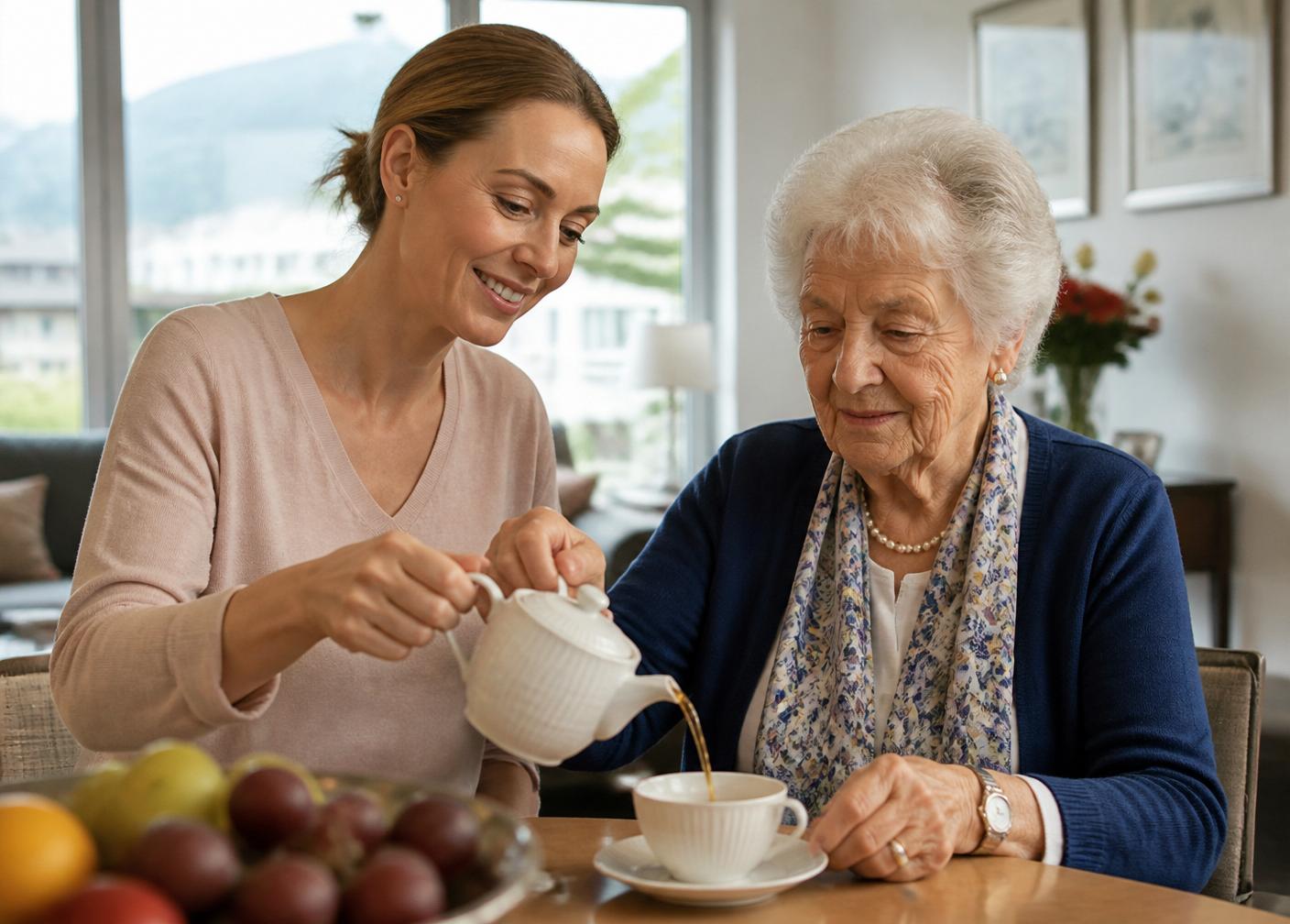 Professionelle Betreuerin serviert einer älteren Dame Tee im hellen Wohnzimmer ihres Hauses in Lugano