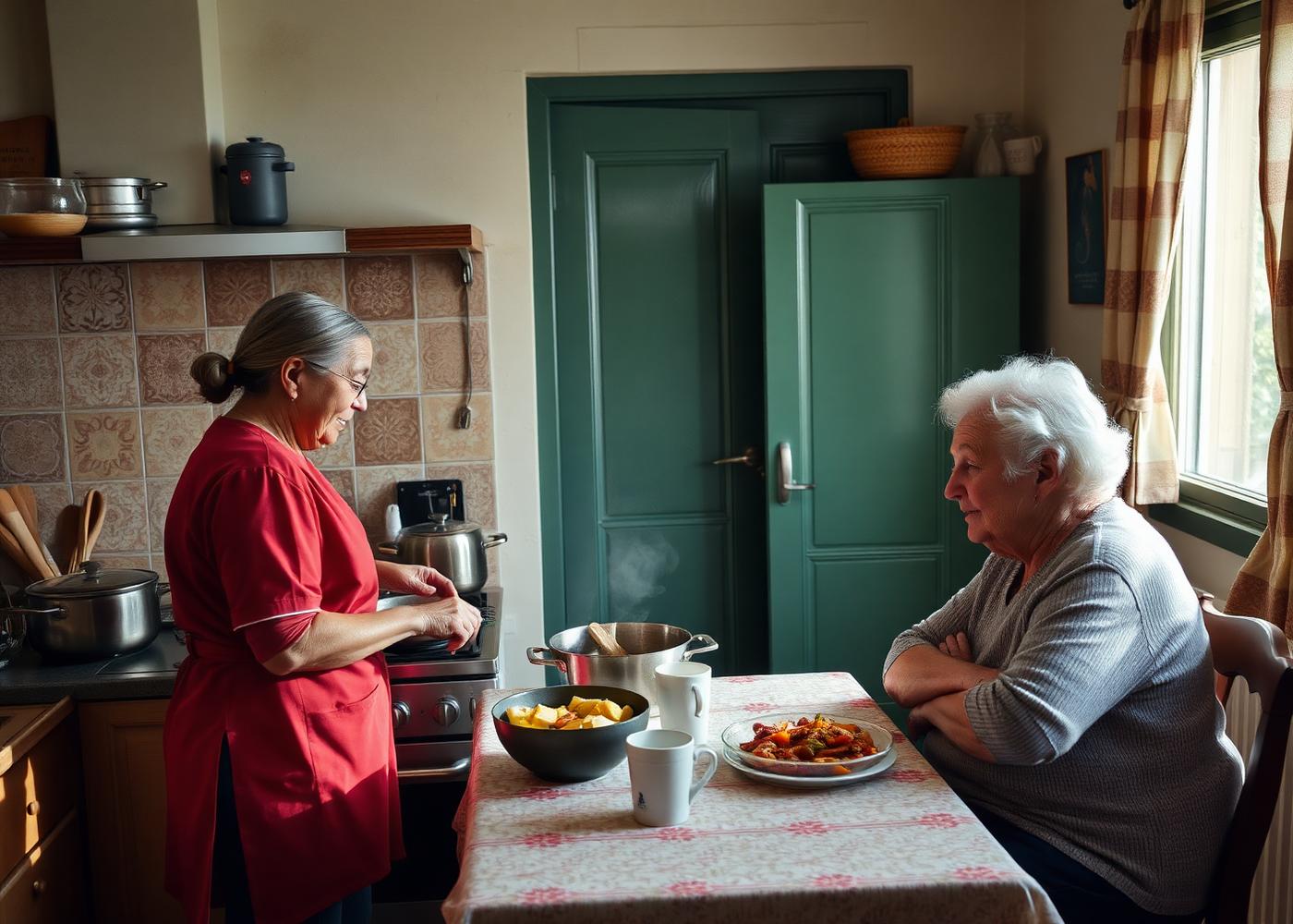 Caregiver che prepara un pasto caldo sul fornello mentre l'anziana attende al tavolo